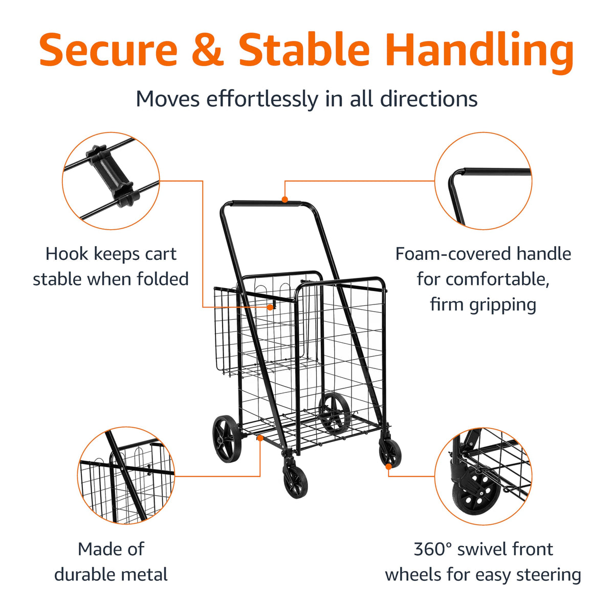 Foldable Utility Cart with 360-Degree Wheels, X-Large, Black Q26046