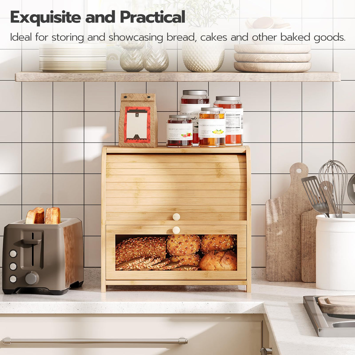 Bamboo 2 Tier Roll-Top Bread Box I877