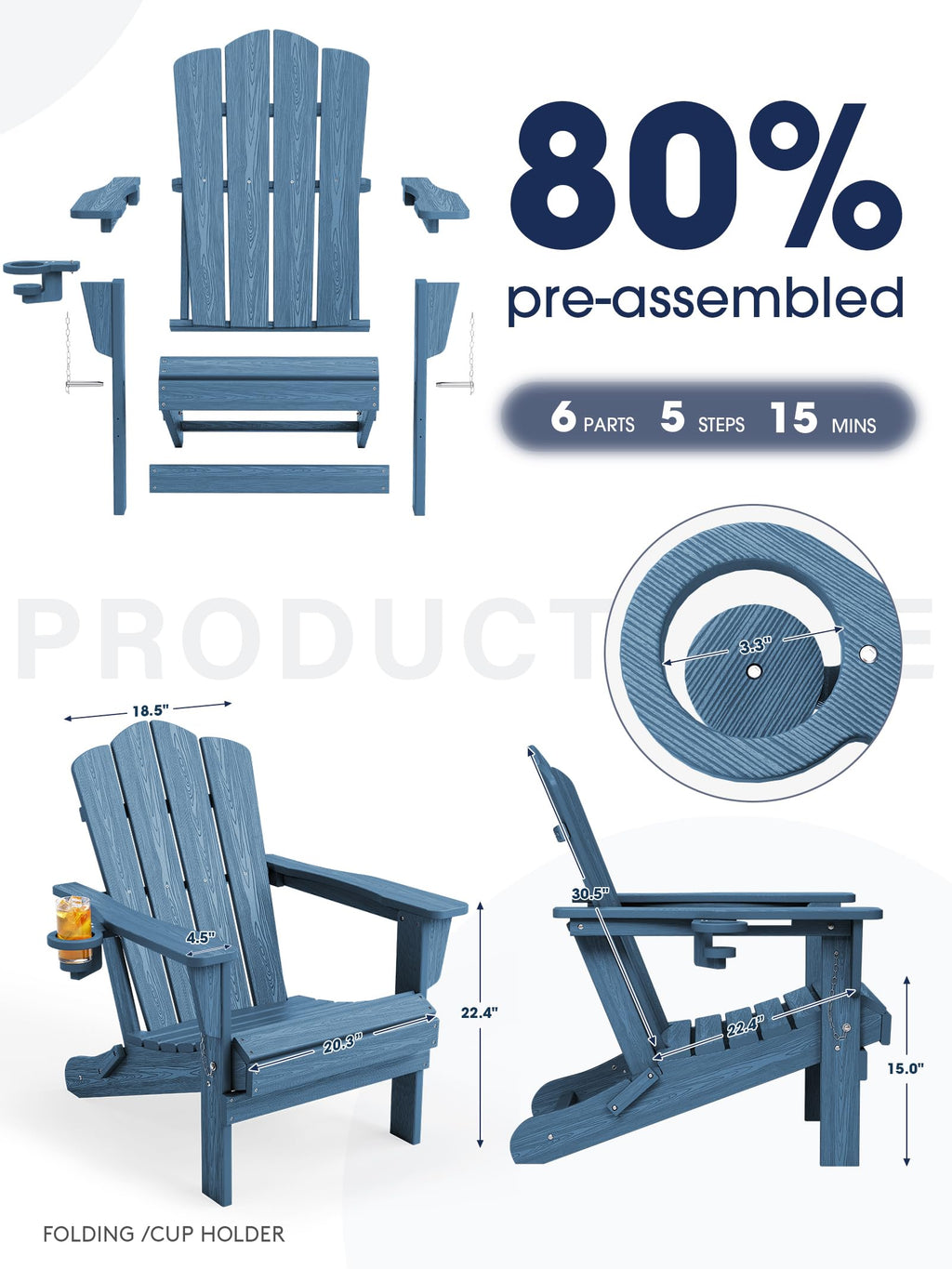 Folding Adirondack Chair Set of 2 with Cup Holder D79314