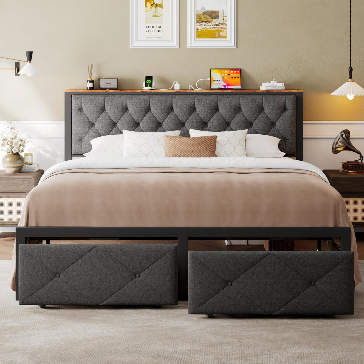 King Size Metal Platform Bed Frame with 2 Storage Drawers Q264