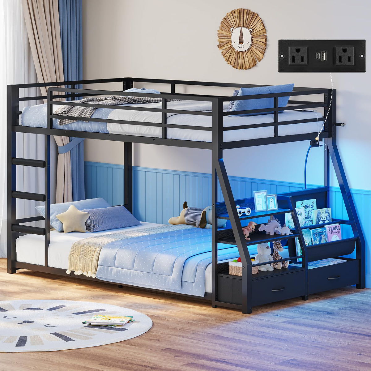 Black Bunk Bed with Bookshelves and Storage Drawers G50318