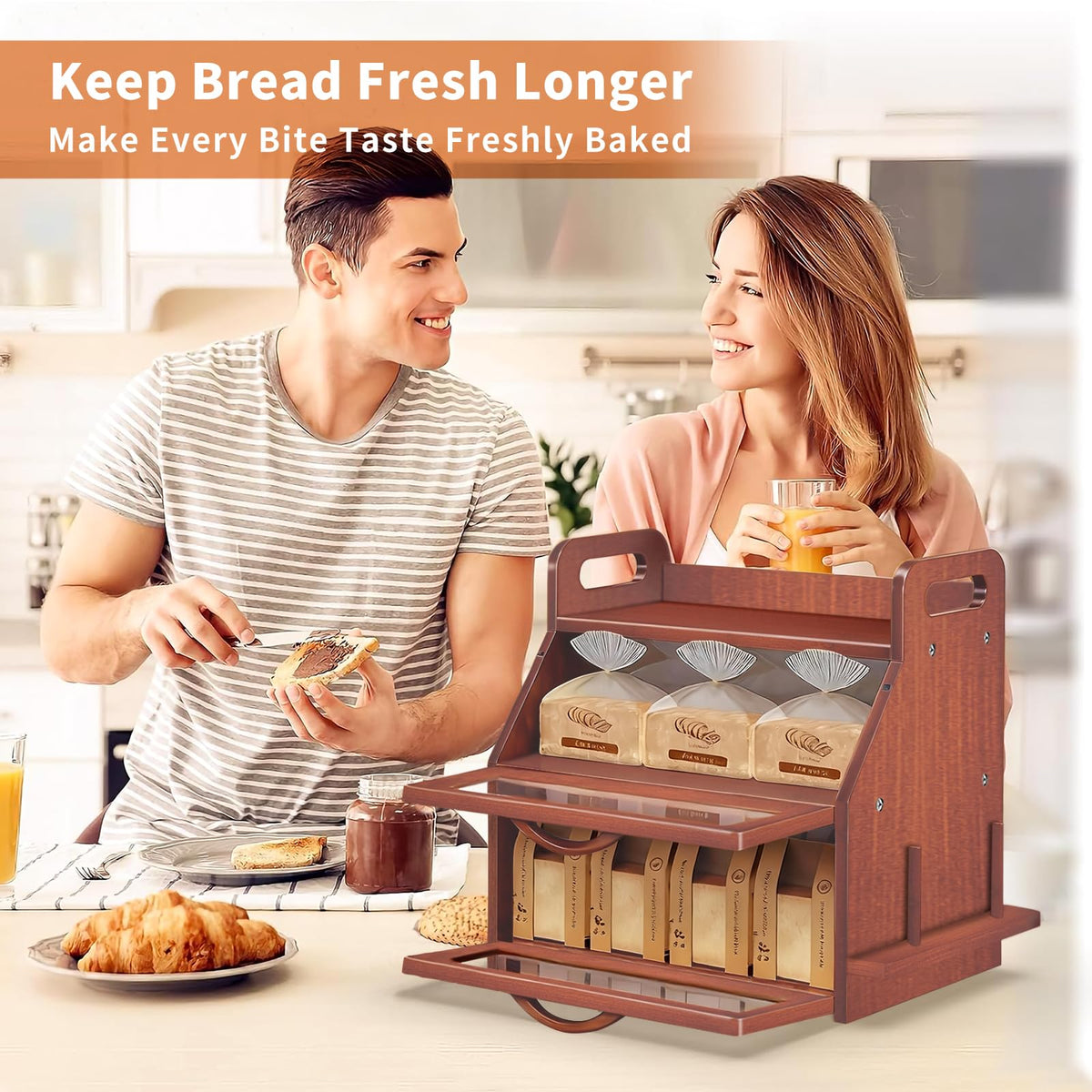 Large Double Layer Bamboo Bread Box with Clear Window U38670