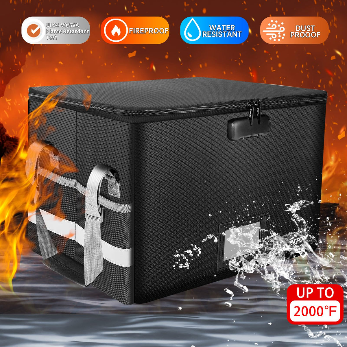 Black Fireproof Collapsible File Box with Lock O6912