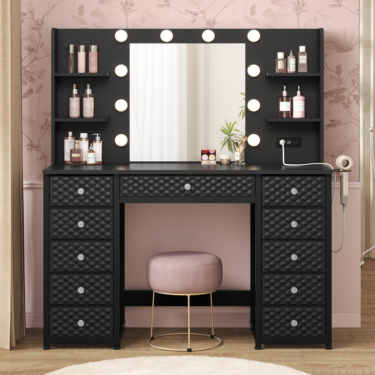 Black Vanity Desk with Mirror and Lights, 11 Drawers Y951