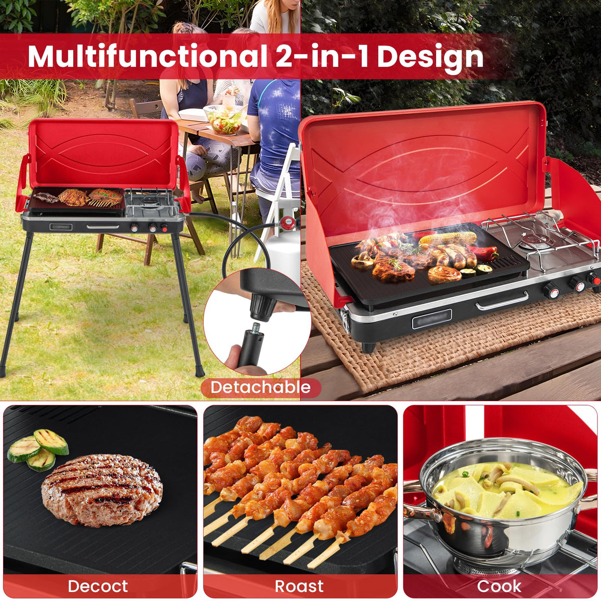 2-Burner Camping Stove with Removable Leg Stand F761366