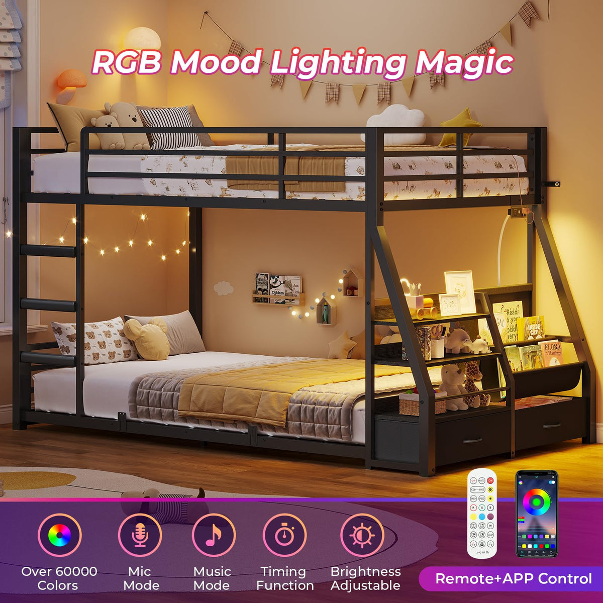 Black Bunk Bed with Bookshelves and Storage Drawers G50318