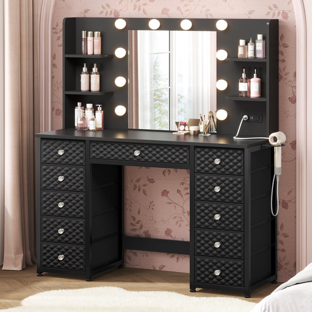 Black Vanity Desk with Mirror and Lights, 11 Drawers Y951