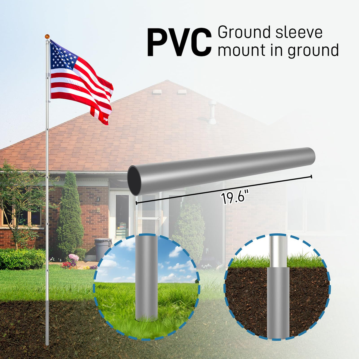 20FT Sectional Heavy Duty Aluminum Flag Pole Kit with 3x5 ft American Flag R748836