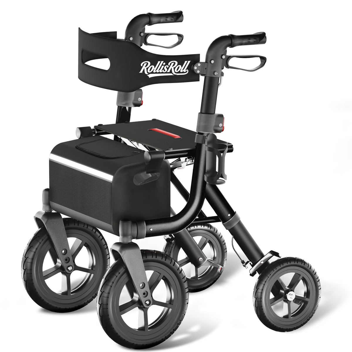 Black Foldable Rollator Walker with Seat, Backrest, 12" Rubber Wheels E45140