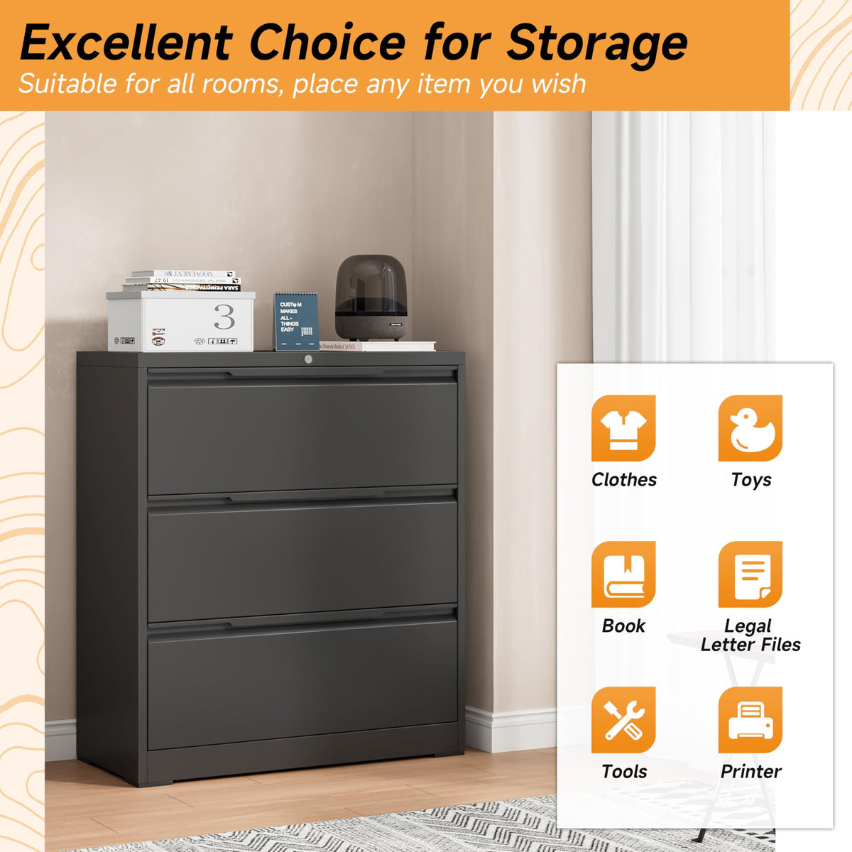 3 Drawer Metal File Cabinet with Lock D99144