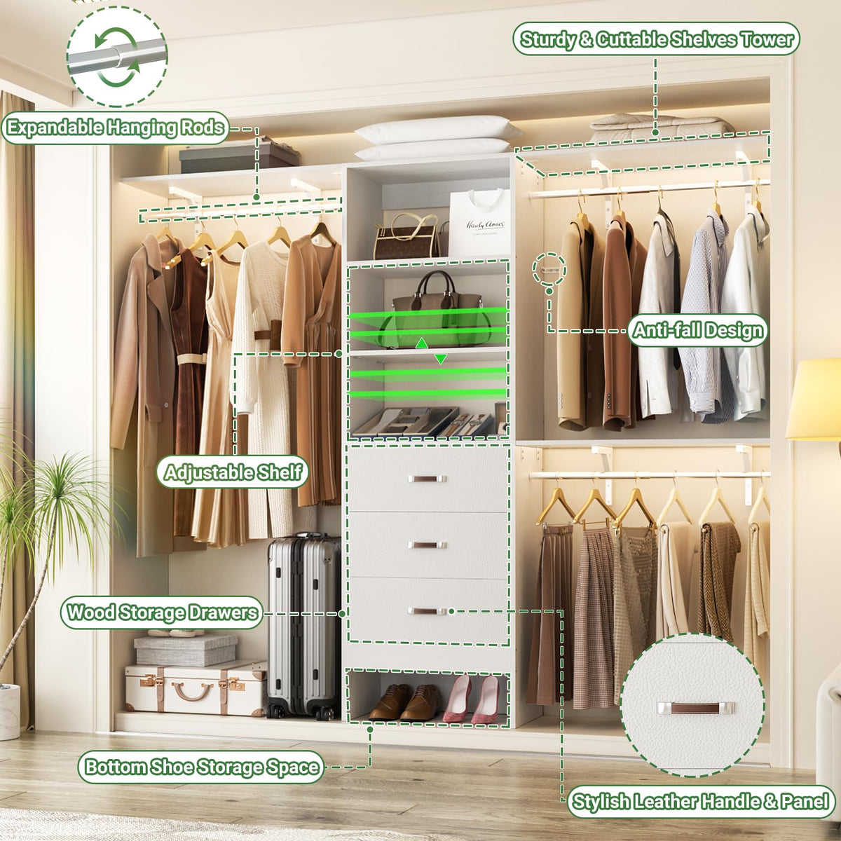 8FT White Wood Closet Organizer System with Drawer N564338