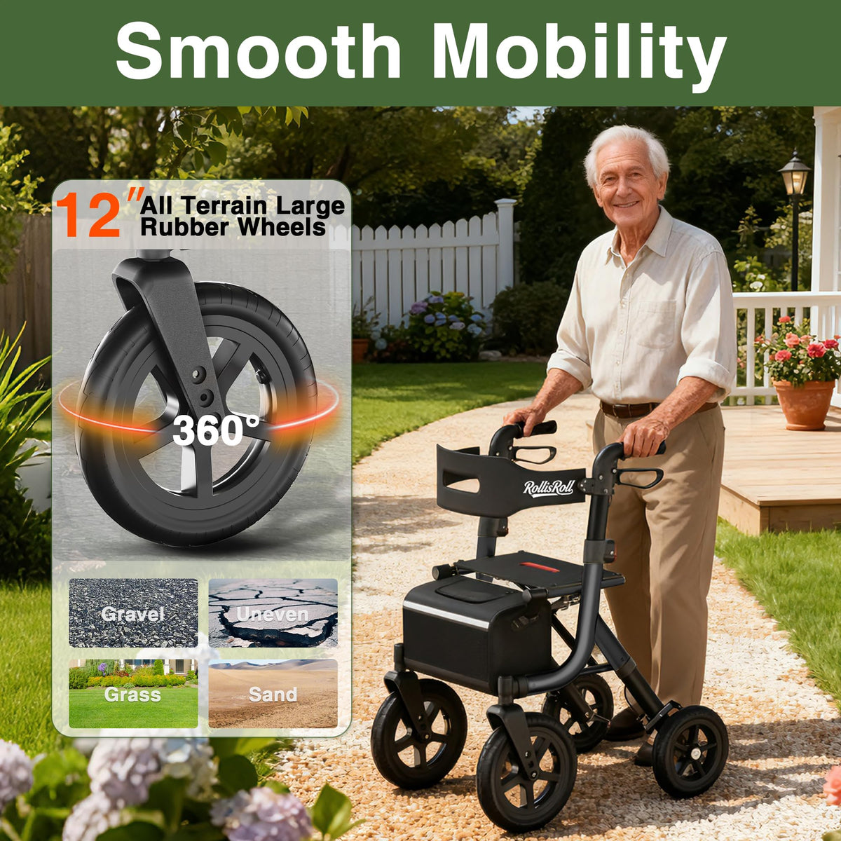 Black Foldable Rollator Walker with Seat, Backrest, 12" Rubber Wheels E45140