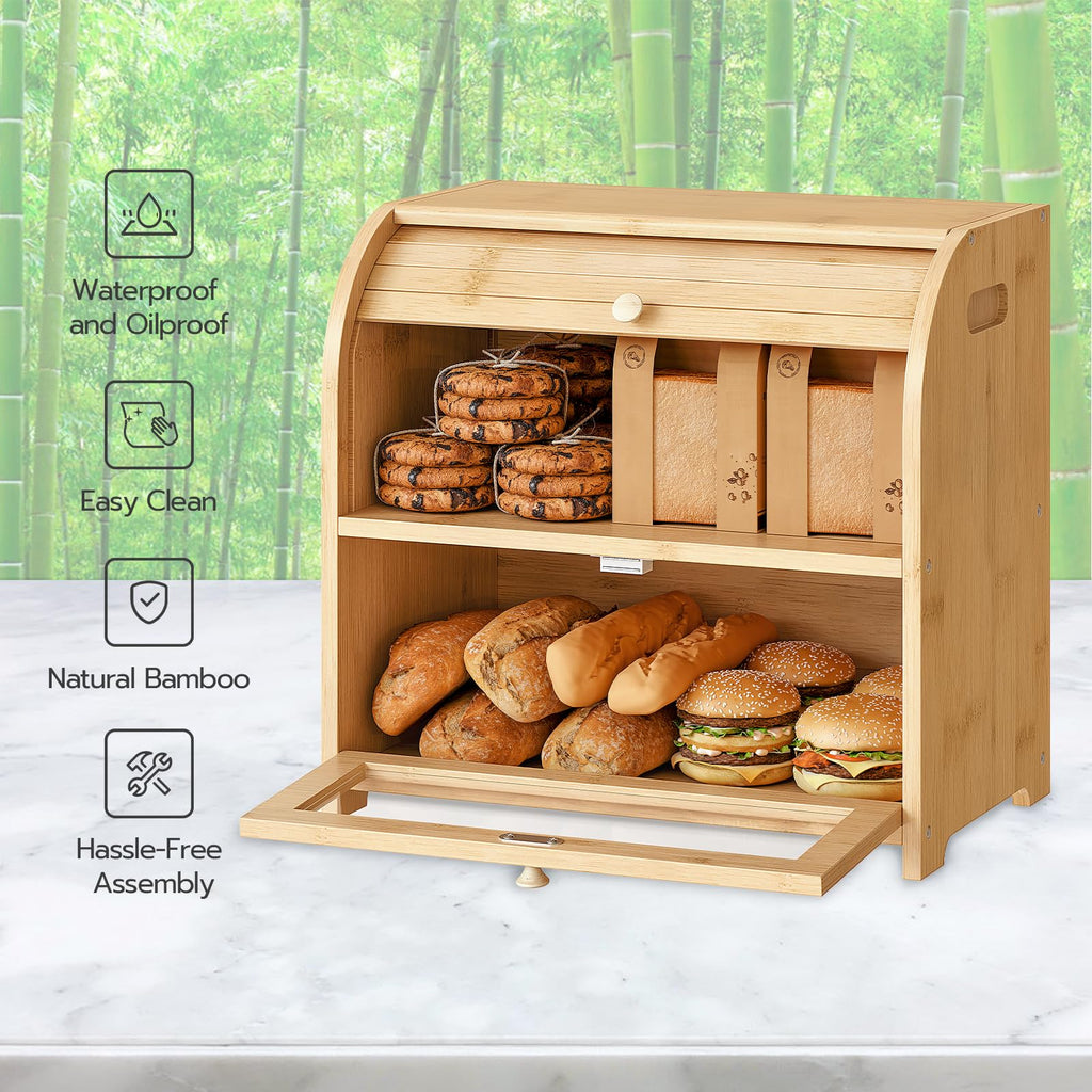 Bamboo 2 Tier Roll-Top Bread Box I877