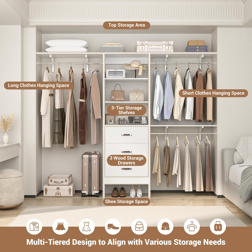 8FT White Wood Closet Organizer System with Drawer N564338