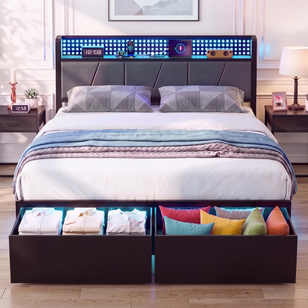 Full Size Upholstered Bed Frame with 2 Drawers and Storage Shelves M768