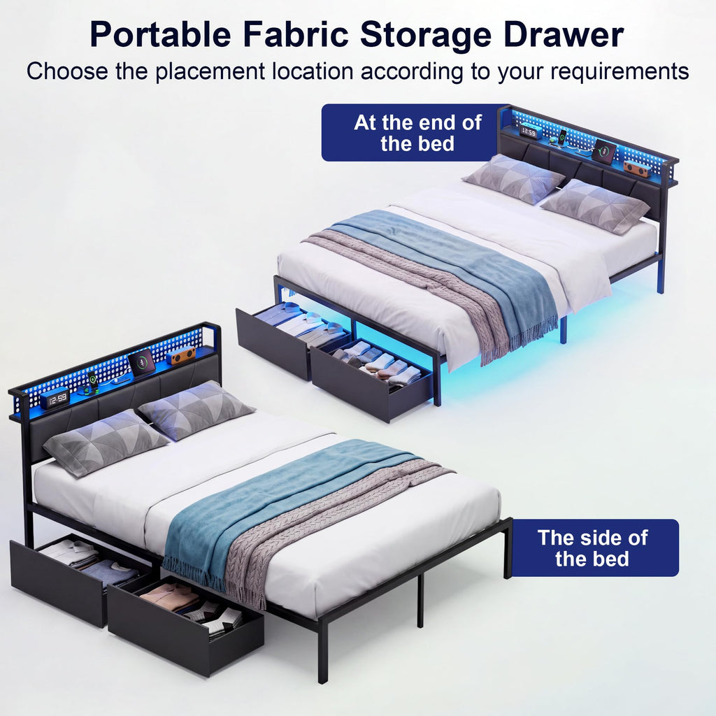 Full Size Upholstered Bed Frame with 2 Drawers and Storage Shelves M768