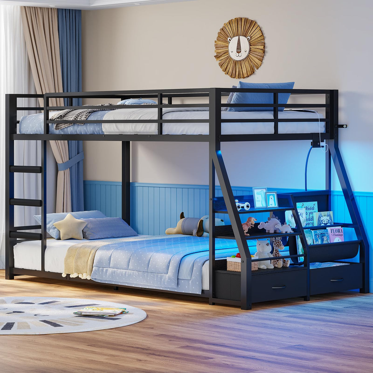Black Bunk Bed with Bookshelves and Storage Drawers G50318