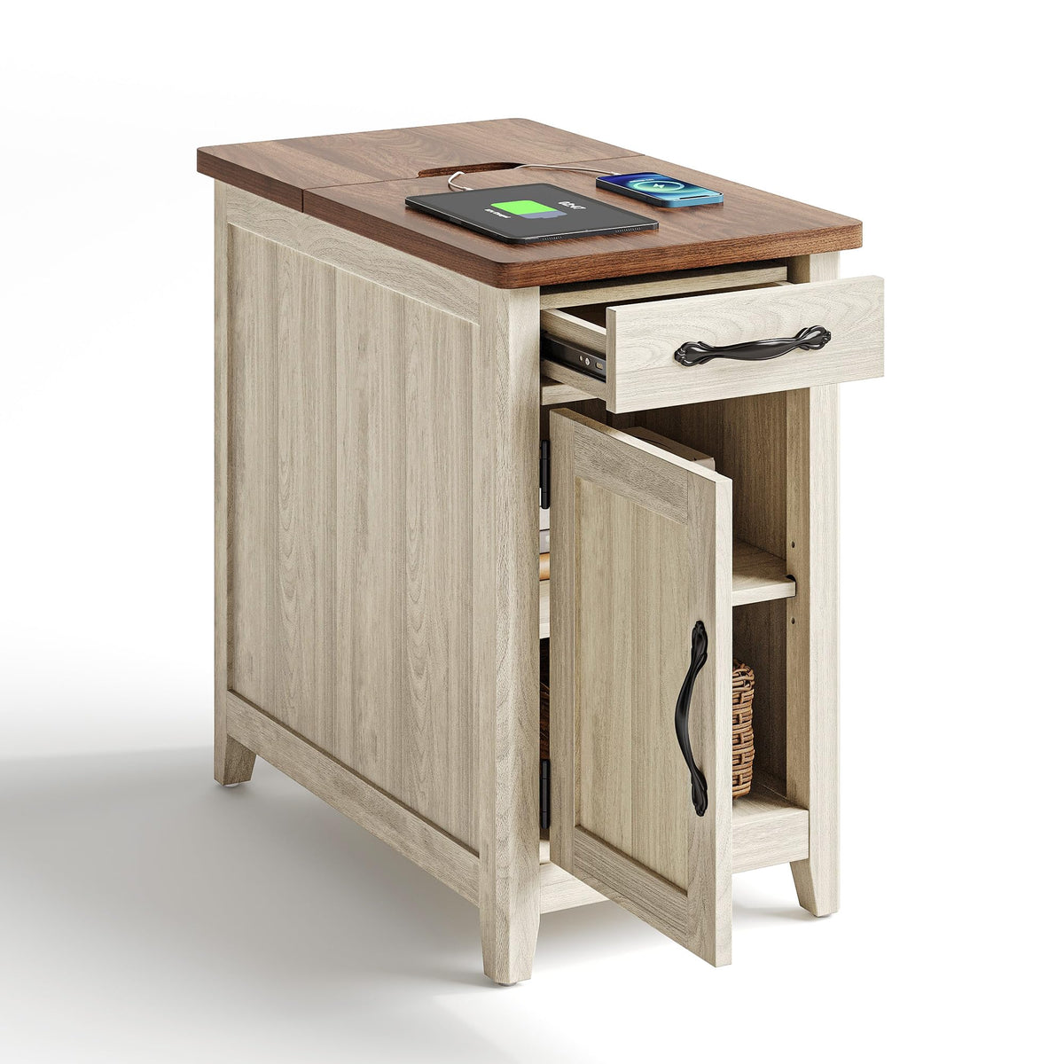 Charging End Table with USB Ports, Wooden Door, Washed Grey M498925