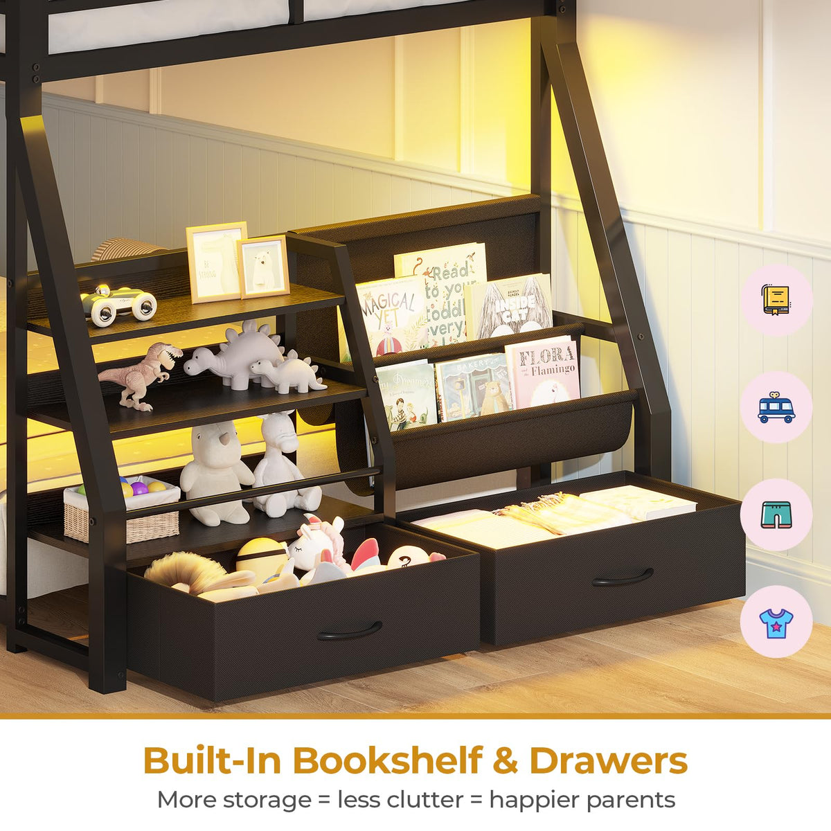 Black Bunk Bed with Bookshelves and Storage Drawers G50318