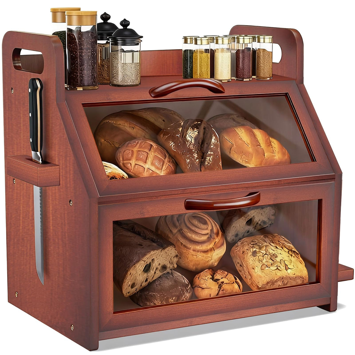 Large Double Layer Bamboo Bread Box with Clear Window U38670