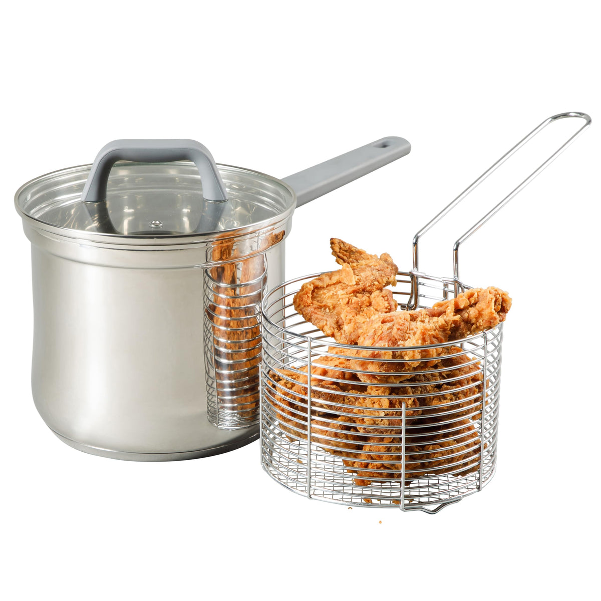 4-Quart Stainless Steel Deep Fryer Pot with Basket & Glass Lid C49308