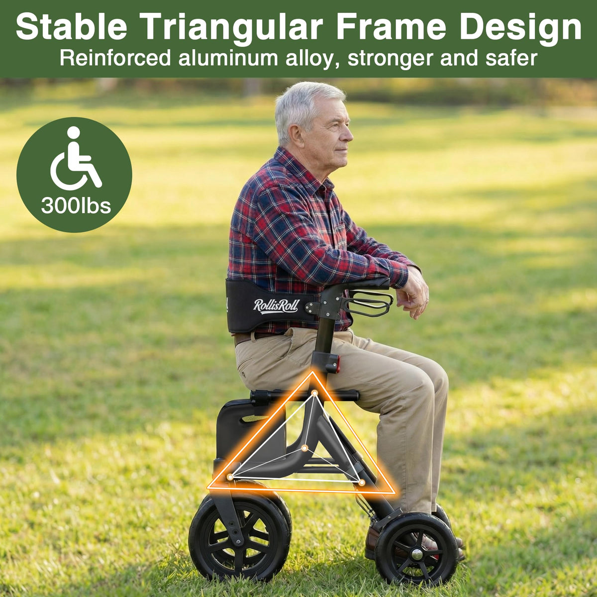 Black Foldable Rollator Walker with Seat, Backrest, 12" Rubber Wheels E45140