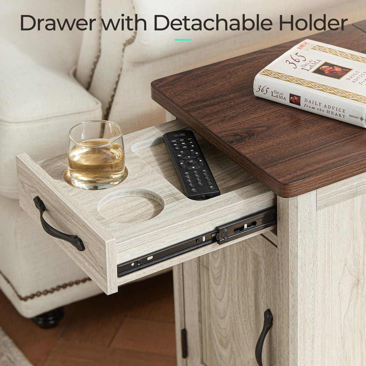 Charging End Table with USB Ports, Wooden Door, Washed Grey M498925