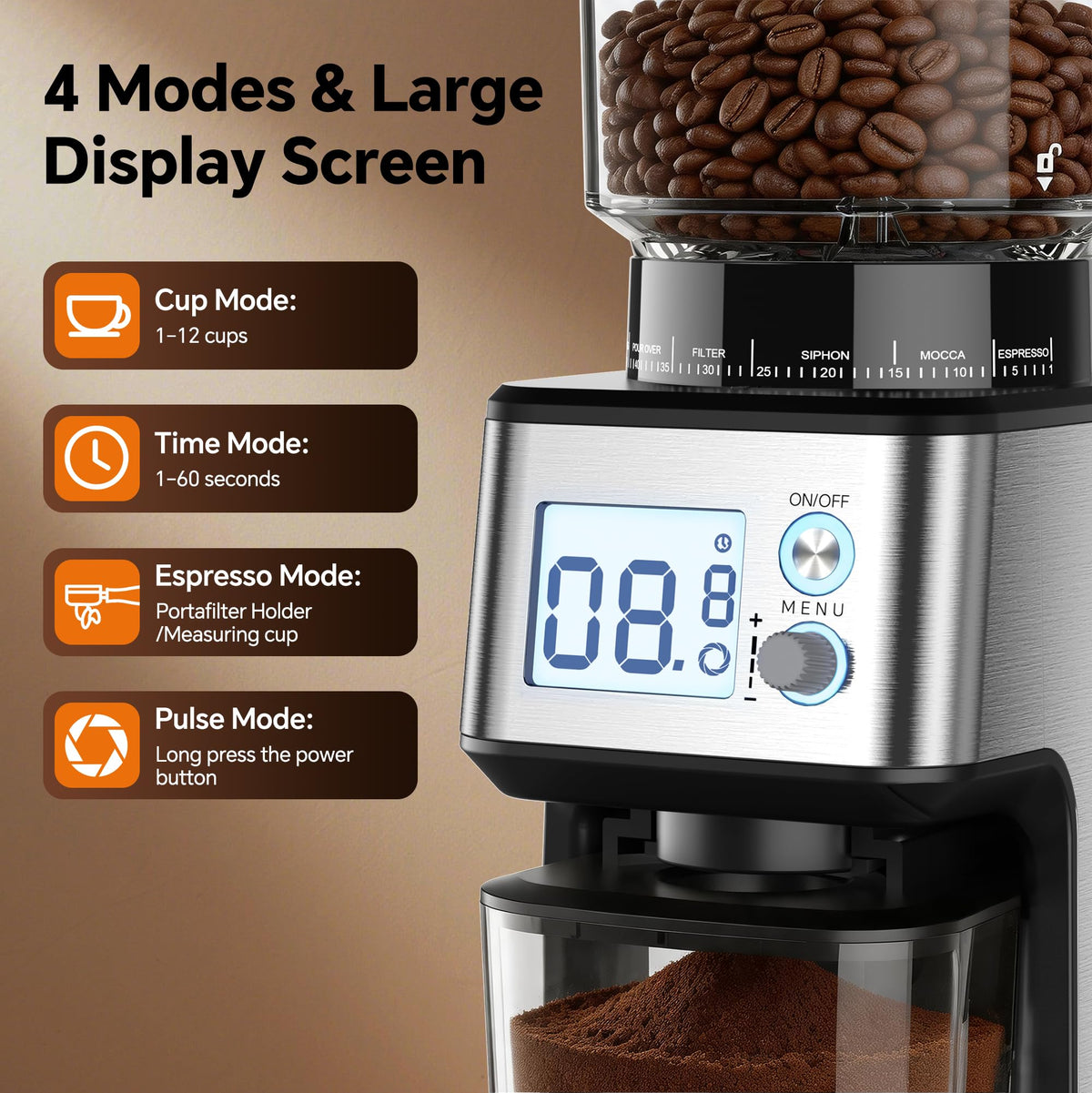 Conical Burr Coffee Grinder, 51 Grind Settings, 1-12 Cups, Stainless Steel M1673