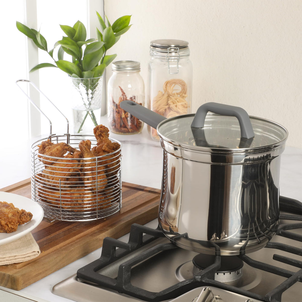 4-Quart Stainless Steel Deep Fryer Pot with Basket & Glass Lid C49308