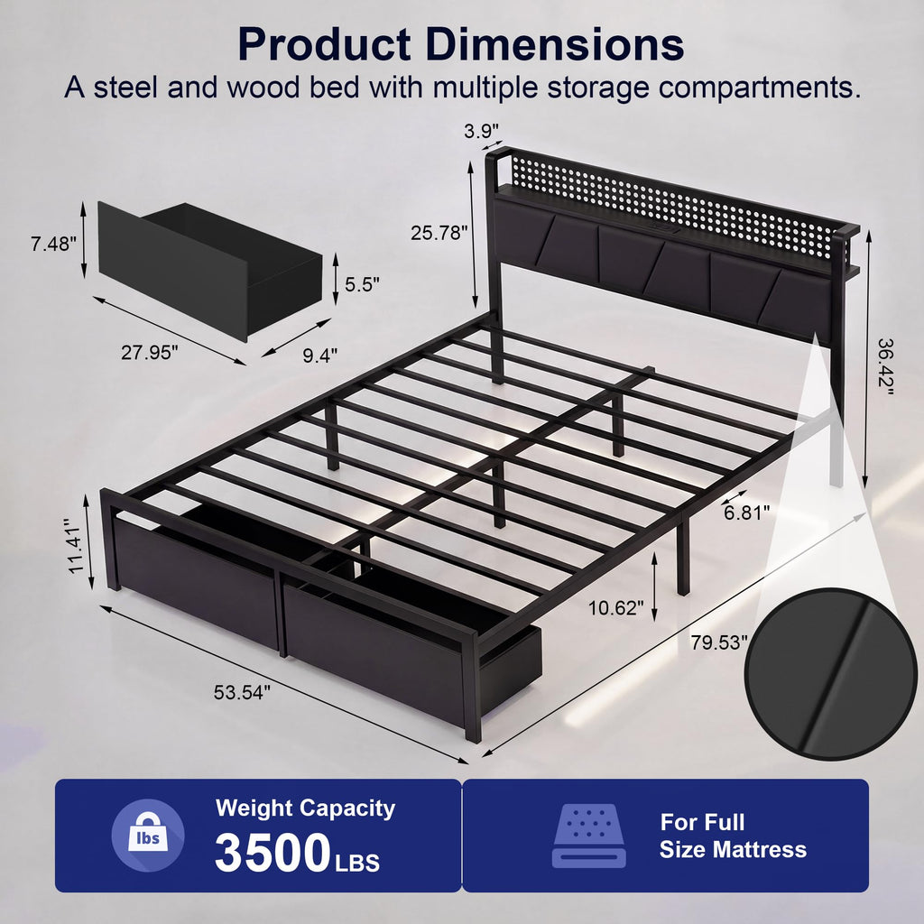 Full Size Upholstered Bed Frame with 2 Drawers and Storage Shelves M768