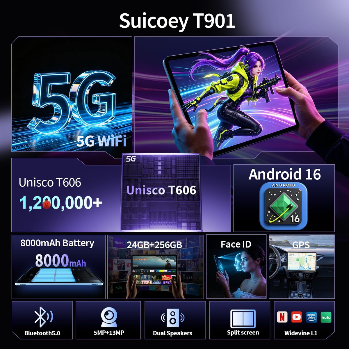Android 16 Tablet 10 inch 32GB 256GB 2TB Expand Black V608