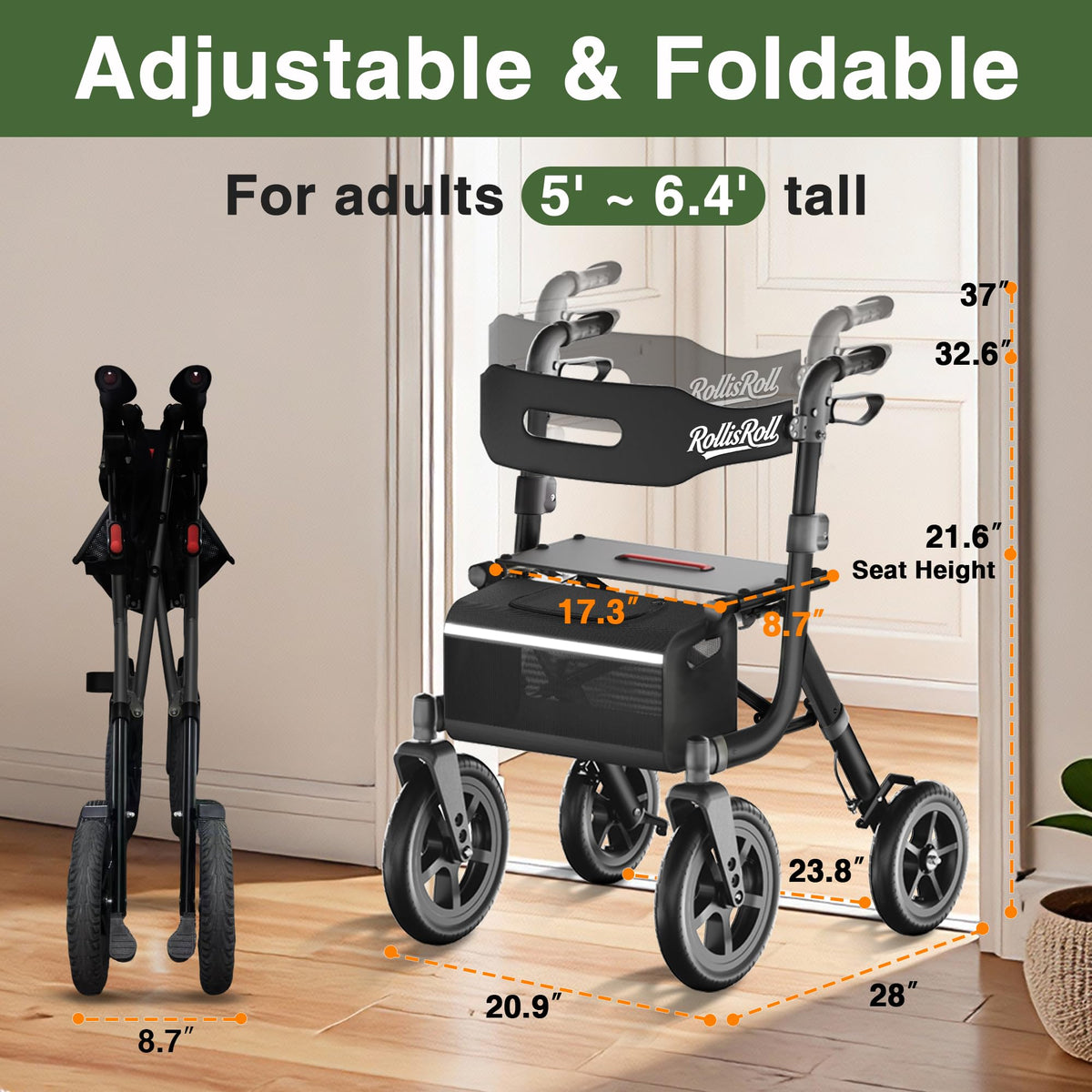 Black Foldable Rollator Walker with Seat, Backrest, 12" Rubber Wheels E45140
