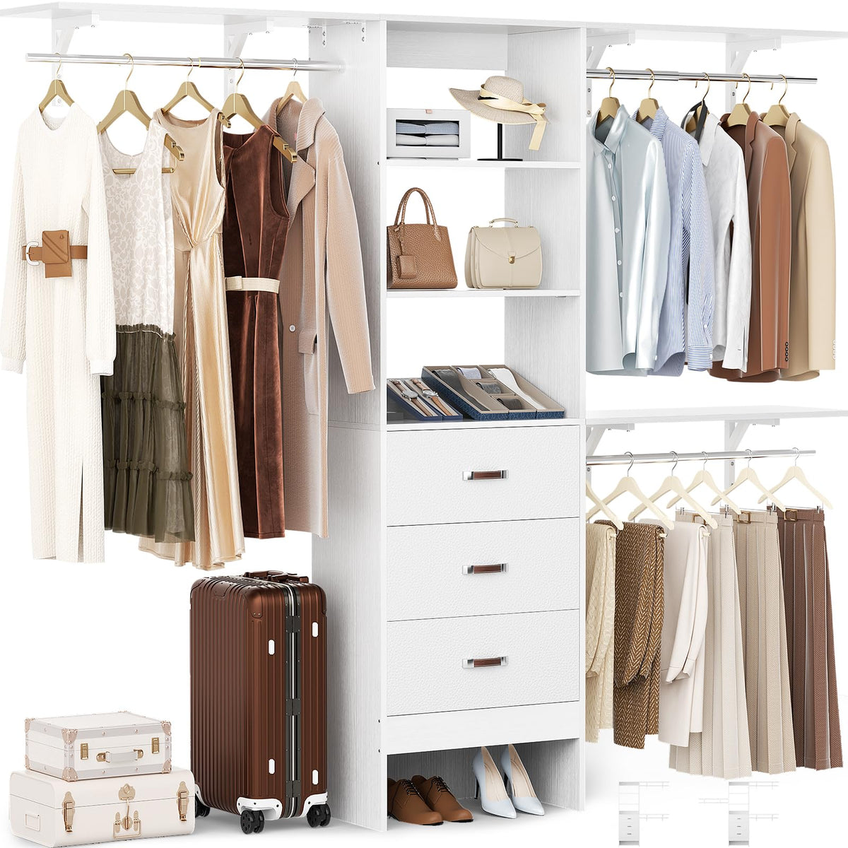 8FT White Wood Closet Organizer System with Drawer N564338