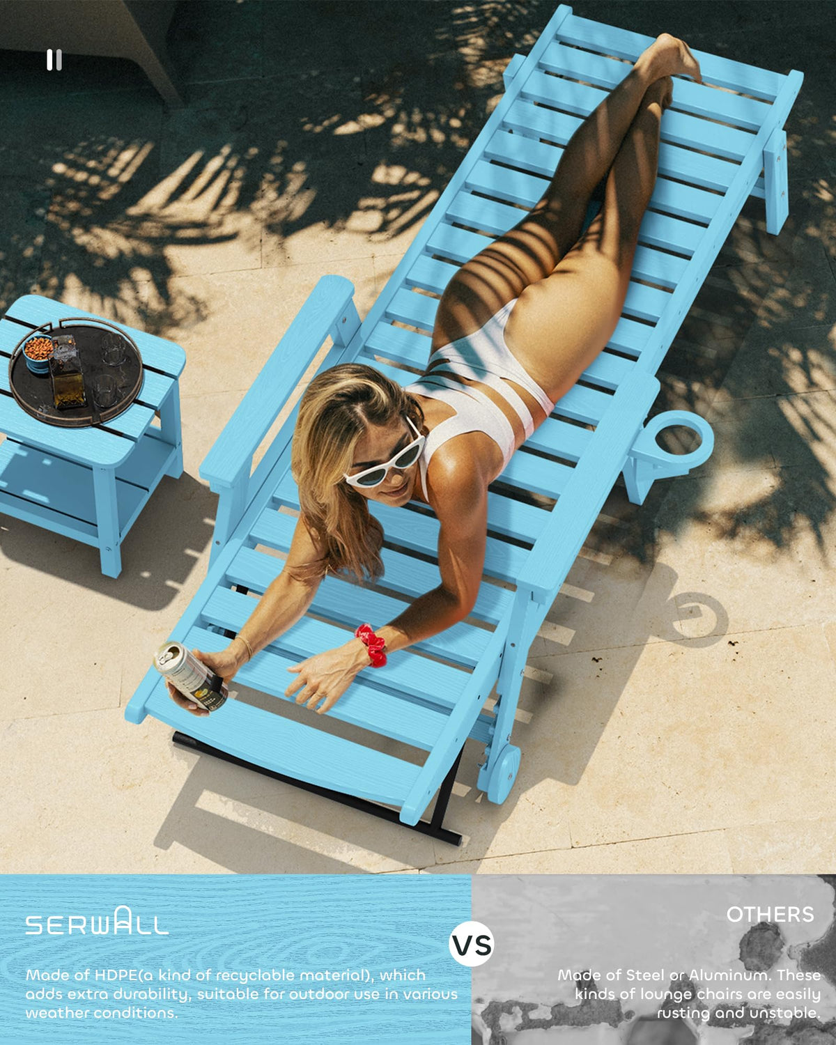 Light Blue Outdoor Lounge Chair Set of 2 with Cup Holder V913