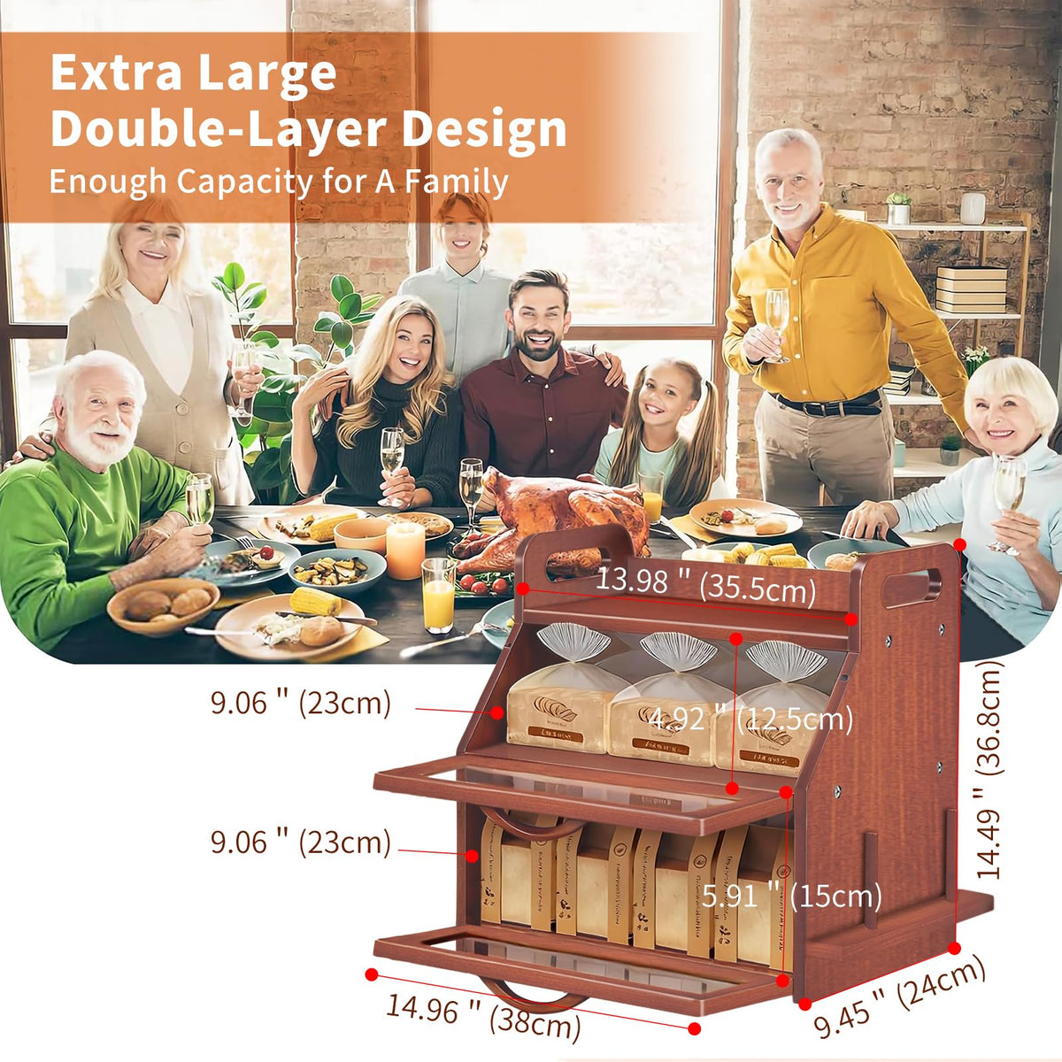 Large Double Layer Bamboo Bread Box with Clear Window U38670