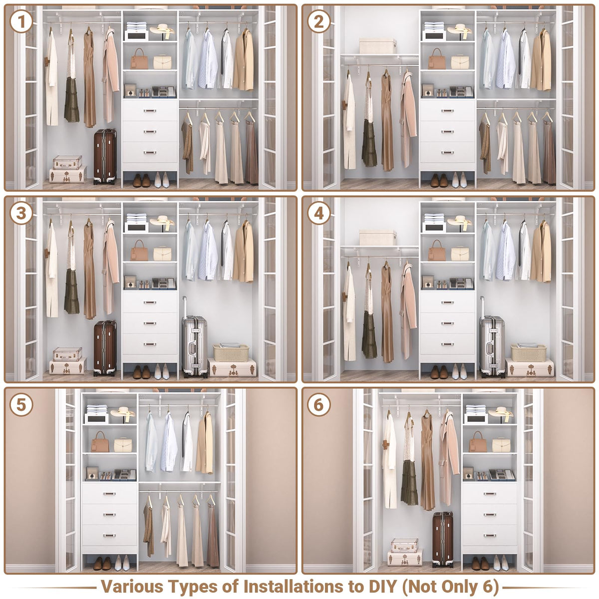 8FT White Wood Closet Organizer System with Drawer N564338