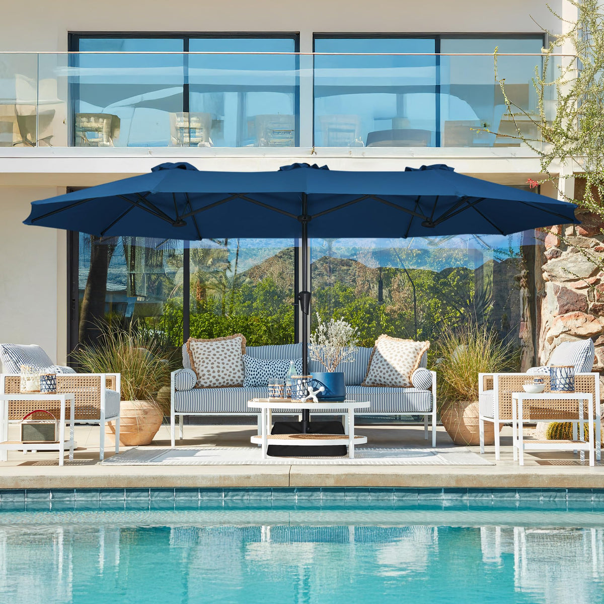 13FT Double Sided Navy Blue Patio Umbrella with Base L12787