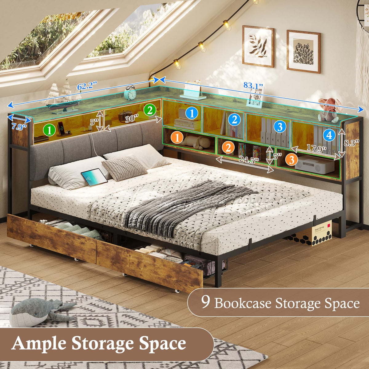 Full Size Corner Bed Frame with Storage and Drawers C2463