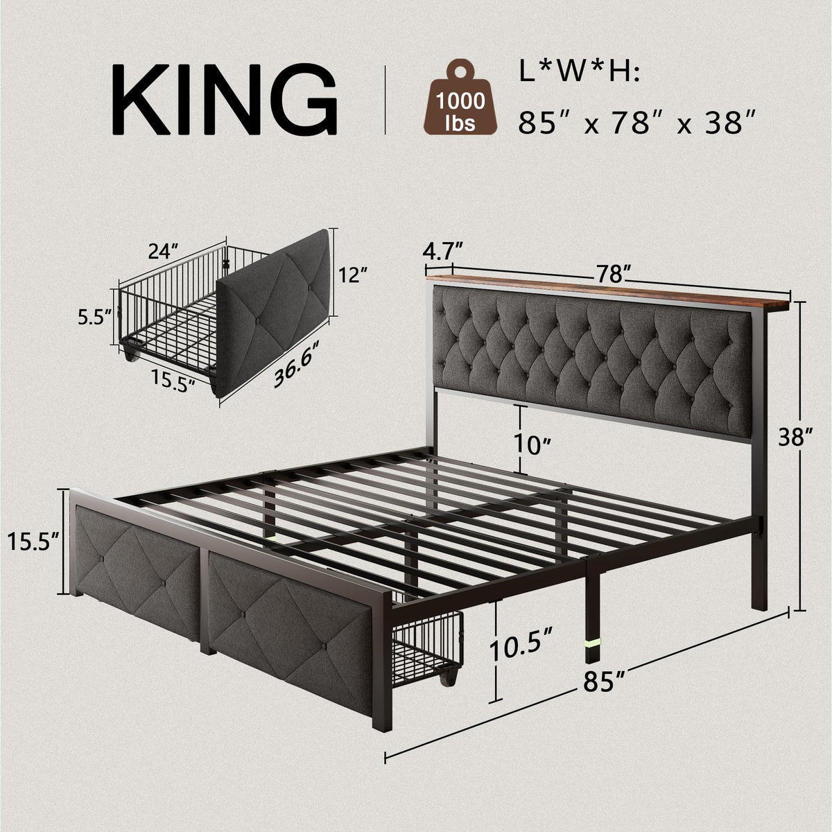 King Size Metal Platform Bed Frame with 2 Storage Drawers Q264