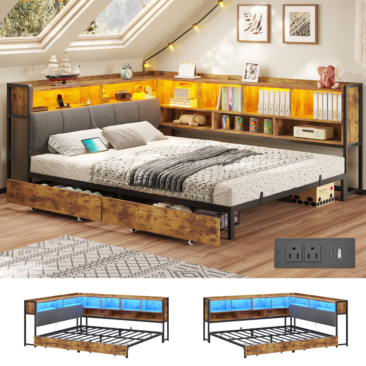Full Size Corner Bed Frame with Storage and Drawers C2463