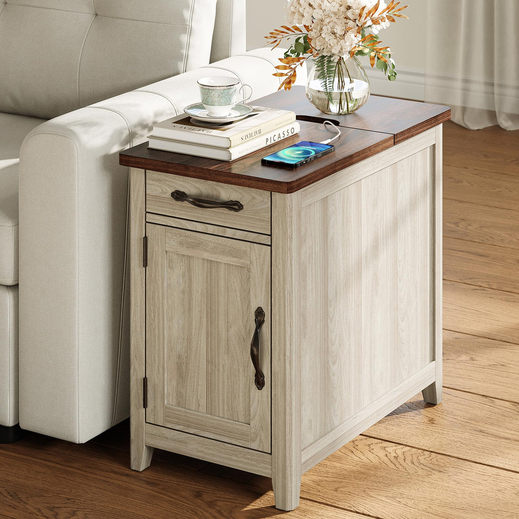 Charging End Table with USB Ports, Wooden Door, Washed Grey M498925