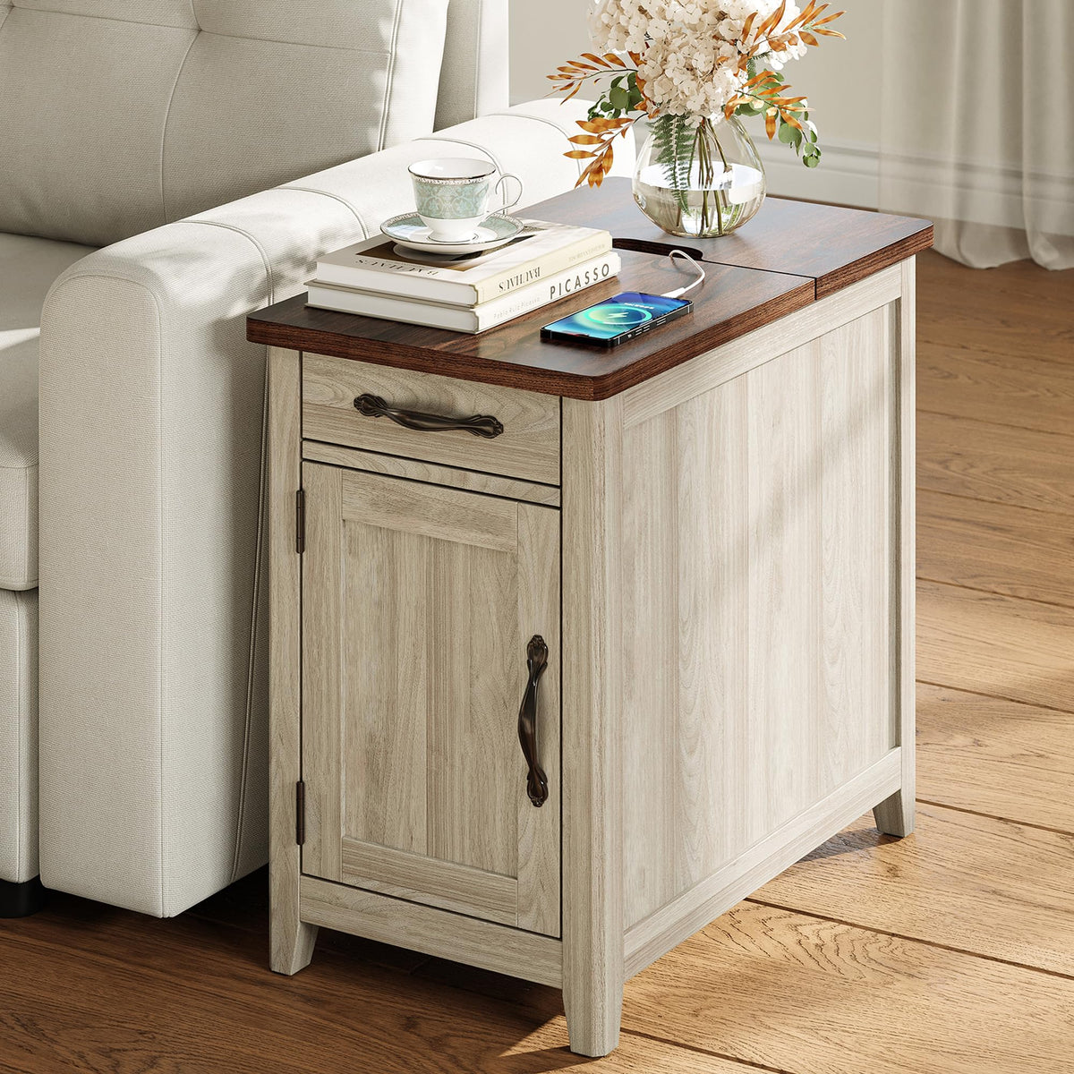 Charging End Table with USB Ports, Wooden Door, Washed Grey M498925